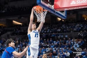 Creighton Bluejay Kerem Konan (17) dunks during a college basketball game against DePaul on Feb 25, 2026, in Omaha, Nebraska. Photo by Brandon Tiedemann