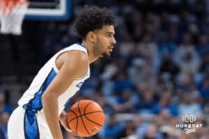 Creighton Bluejay Nik Graves (5) looks to pass during a college basketball game against DePaul on Feb 25, 2026, in Omaha, Nebraska. Photo by Brandon Tiedemann