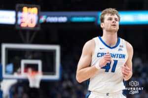 Creighton Bluejay Isaac Traudt (41) runs down the court during a college basketball game against DePaul on Feb 25, 2026, in Omaha, Nebraska. Photo by Brandon Tiedemann