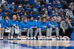Creighton Bluejay coaches sit during a college basketball game against DePaul on Feb 25, 2026, in Omaha, Nebraska. Photo by Brandon Tiedemann