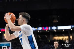 Creighton Bluejay Fedor Žugić (7) shoots a three pointer during a college basketball game against DePaul on Feb 25, 2026, in Omaha, Nebraska. Photo by Brandon Tiedemann