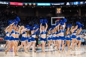Creighton Bluejay dance team dances during a college basketball game against DePaul on Feb 25, 2026, in Omaha, Nebraska. Photo by Brandon Tiedemann