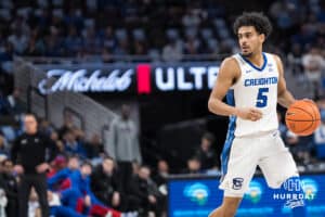 Creighton Bluejay Nik Graves (5) looks to pass during a college basketball game against DePaul on Feb 25, 2026, in Omaha, Nebraska. Photo by Brandon Tiedemann
