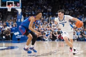 Creighton Bluejay Fedor Žugić (7) dribbles past a defender during a college basketball game against DePaul on Feb 25, 2026, in Omaha, Nebraska. Photo by Brandon Tiedemann