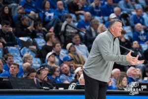 Creighton Bluejay head coach Greg McDermott yells during a college basketball game against DePaul on Feb 25, 2026, in Omaha, Nebraska. Photo by Brandon Tiedemann