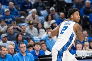Creighton Bluejay Blake Harper (2) looks to pass during a college basketball game against DePaul on Feb 25, 2026, in Omaha, Nebraska. Photo by Brandon Tiedemann