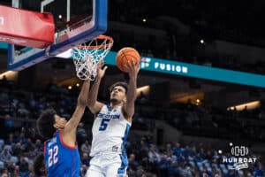 Creighton Bluejay Nik Graves (5) drives to the hoop during a college basketball game against DePaul on Feb 25, 2026, in Omaha, Nebraska. Photo by Brandon Tiedemann