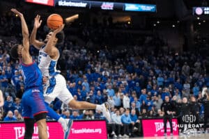 Creighton Bluejay Nik Graves (5) draws a foul during a college basketball game against DePaul on Feb 25, 2026, in Omaha, Nebraska. Photo by Brandon Tiedemann