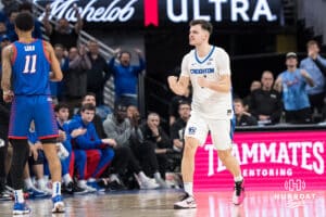 Creighton Bluejay Fedor Žugić (7) gets hype during a college basketball game against DePaul on Feb 25, 2026, in Omaha, Nebraska. Photo by Brandon Tiedemann