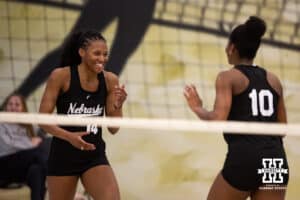 Nebraska Cornhusker Ryan Hunter (14) reacts to a point against the Ottawa Braves during a college beach volleyball match on Monday, Feb. 23, 2026, in Lincoln, NE. Photo by John S. Peterson.