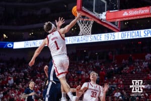 Nebraska Cornhusker guard Sam Hoiberg (1) makes a lay up agianst the Penn State Nittany Lions in the second half during a college basketball game on Saturday, Feb. 21, 2026, in Lincoln, NE. Photo by John S. Peterson.