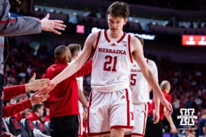 Nebraska Cornhusker forward Pryce Sandfort (21) takes the bench in the second half against the Penn State Nittany Lions during a college basketball game on Saturday, Feb. 21, 2026, in Lincoln, NE. Photo by John S. Peterson.