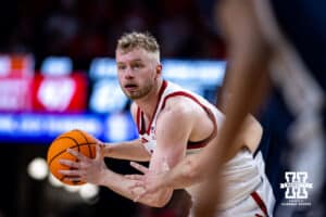 Nebraska Cornhusker forward Rienk Mast (51) looks for the open teammate to pass against the Penn State Nittany Lions in the second half during a college basketball game on Saturday, Feb. 21, 2026, in Lincoln, NE. Photo by John S. Peterson.