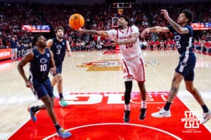 Nebraska Cornhusker guard Jamarques Lawrence (10) makes a lay up agianst the Penn State Nittany Lions in the second half during a college basketball game on Saturday, Feb. 21, 2026, in Lincoln, NE. Photo by John S. Peterson.