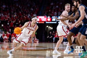 Nebraska Cornhusker guard Sam Hoiberg (1) drives to the lane against the Penn State Nittany Lions in the second half during a college basketball game on Saturday, Feb. 21, 2026, in Lincoln, NE. Photo by John S. Peterson.