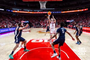 Nebraska Cornhusker guard Sam Hoiberg (1) makes a lay up against the Penn State Nittany Lions in the second half during a college basketball game on Saturday, Feb. 21, 2026, in Lincoln, NE. Photo by John S. Peterson.