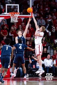 Nebraska Cornhusker forward Leo Curtis (33) makes a lay up against the Penn State Nittany Lions in the first half during a college basketball game on Saturday, Feb. 21, 2026, in Lincoln, NE. Photo by John S. Peterson.
