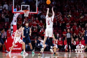 Nebraska Cornhusker forward Braden Frager (5) makes a three point basket agains the Penn State Nittany Lions in the first half during a college basketball game on Saturday, Feb. 21, 2026, in Lincoln, NE. Photo by John S. Peterson.