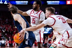 Nebraska Cornhusker guard Cale Jacobsen (31) reaches for the ball against the Penn State Nittany Lions in the first half during a college basketball game on Saturday, Feb. 21, 2026, in Lincoln, NE. Photo by John S. Peterson.