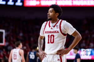 Nebraska Cornhusker guard Jamarques Lawrence (10) takes a quick break against the Penn State Nittany Lions in the first half during a college basketball game on Saturday, Feb. 21, 2026, in Lincoln, NE. Photo by John S. Peterson.