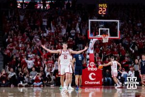 Nebraska Cornhusker forward Pryce Sandfort (21) celebrates making a three point basket against the Penn State Nittany Lions in the first half during a college basketball game on Saturday, Feb. 21, 2026, in Lincoln, NE. Photo by John S. Peterson.