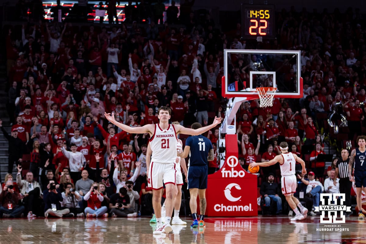 Nebraska Cornhusker forward Pryce Sandfort (21) celebrates making a three point basket against the Penn State Nittany Lions in the first half during a college basketball game on Saturday, Feb. 21, 2026, in Lincoln, NE. Photo by John S. Peterson.
