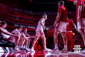 Nebraska Cornhusker guard Sam Hoiberg (1) was introduced before taking on the Penn State Nittany Lions during a college basketball game on Saturday, Feb. 21, 2026, in Lincoln, NE. Photo by John S. Peterson.