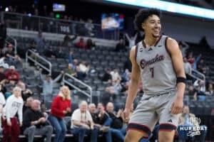 Omaha Mavericks Lance Waddles (7) smiles during a college basketball game against Oral Roberts on Feb 18, 2026, in Omaha, Nebraska. Photo by Brandon Tiedemann