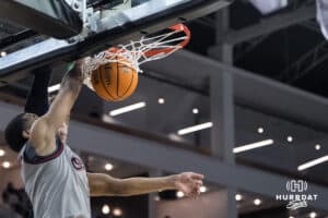 Omaha Mavericks Grant Stubblefield (3) dunks during a college basketball game against Oral Roberts on Feb 18, 2026, in Omaha, Nebraska. Photo by Brandon Tiedemann