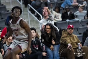 Omaha Mavericks Ja'Sean Glover (5) smiles after a tough three during a college basketball game against Oral Roberts on Feb 18, 2026, in Omaha, Nebraska. Photo by Brandon Tiedemann