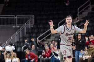 Omaha Mavericks Tony Osburn (32) celerbates a three pointer during a college basketball game against Oral Roberts on Feb 18, 2026, in Omaha, Nebraska. Photo by Brandon Tiedemann