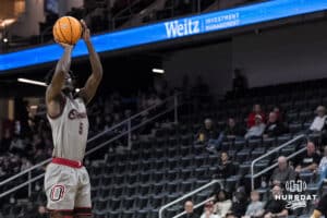 Omaha Mavericks Ja'Sean Glover (5) shoots a three pointer during a college basketball game against Oral Roberts on Feb 18, 2026, in Omaha, Nebraska. Photo by Brandon Tiedemann