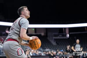 Omaha Mavericks Tony Osburn (32) shoots a three pointer during a college basketball game against Oral Roberts on Feb 18, 2026, in Omaha, Nebraska. Photo by Brandon Tiedemann