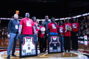 Omaha Mavericks Deng Mayars family during a college basketball game against Oral Roberts on Feb 18, 2026, in Omaha, Nebraska. Photo by Brandon Tiedemann