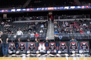 Omaha Mavericks seniors jerseys during a college basketball game against Oral Roberts on Feb 18, 2026, in Omaha, Nebraska. Photo by Brandon Tiedemann