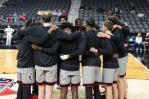 Omaha Mavericks huddle before a college basketball game against Oral Roberts on Feb 18, 2026, in Omaha, Nebraska. Photo by Brandon Tiedemann