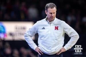 Nebraska Cornhusker head coach Fred Hoiberg walks along the sideline against the Iowa Hawkeyes during a college basketball game on Tuesday, Feb. 17, 2026, in Iowa City, Iowa. Photo by John S. Peterson.