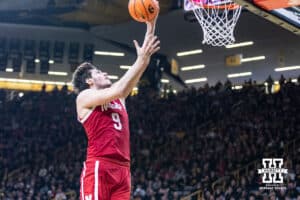 Nebraska Cornhusker forward Berke Buyuktuncel (9) makes a lay up against the Iowa Hawkeyes in the second half during a college basketball game on Tuesday, Feb. 17, 2026, in Iowa City, Iowa. Photo by John S. Peterson.
