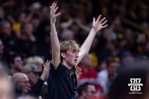 Iowa Hawkeyes fan racts to the referees calls during a college basketball game against the Nebraska Cornhuskers on Tuesday, Feb. 17, 2026, in Iowa City, Iowa. Photo by John S. Peterson.