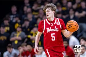 Nebraska Cornhusker forward Braden Frager (5) dribbles the ball against the Iowa Hawkeyes in the first half during a college basketball game on Tuesday, Feb. 17, 2026, in Iowa City, Iowa. Photo by John S. Peterson.