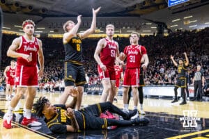 Iowa Hawkeye guard Tavion Banks (6) reacts to having a foul called on him against the Nebraska Cornhuskers in the first half during a college basketball game on Tuesday, Feb. 17, 2026, in Iowa City, Iowa. Photo by John S. Peterson.