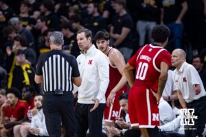 Nebraska Cornhusker head coach Fred Hoiberg talks to the referee during a college basketball game against the Iowa Hawkeyes on Tuesday, Feb. 17, 2026, in Iowa City, Iowa. Photo by John S. Peterson.