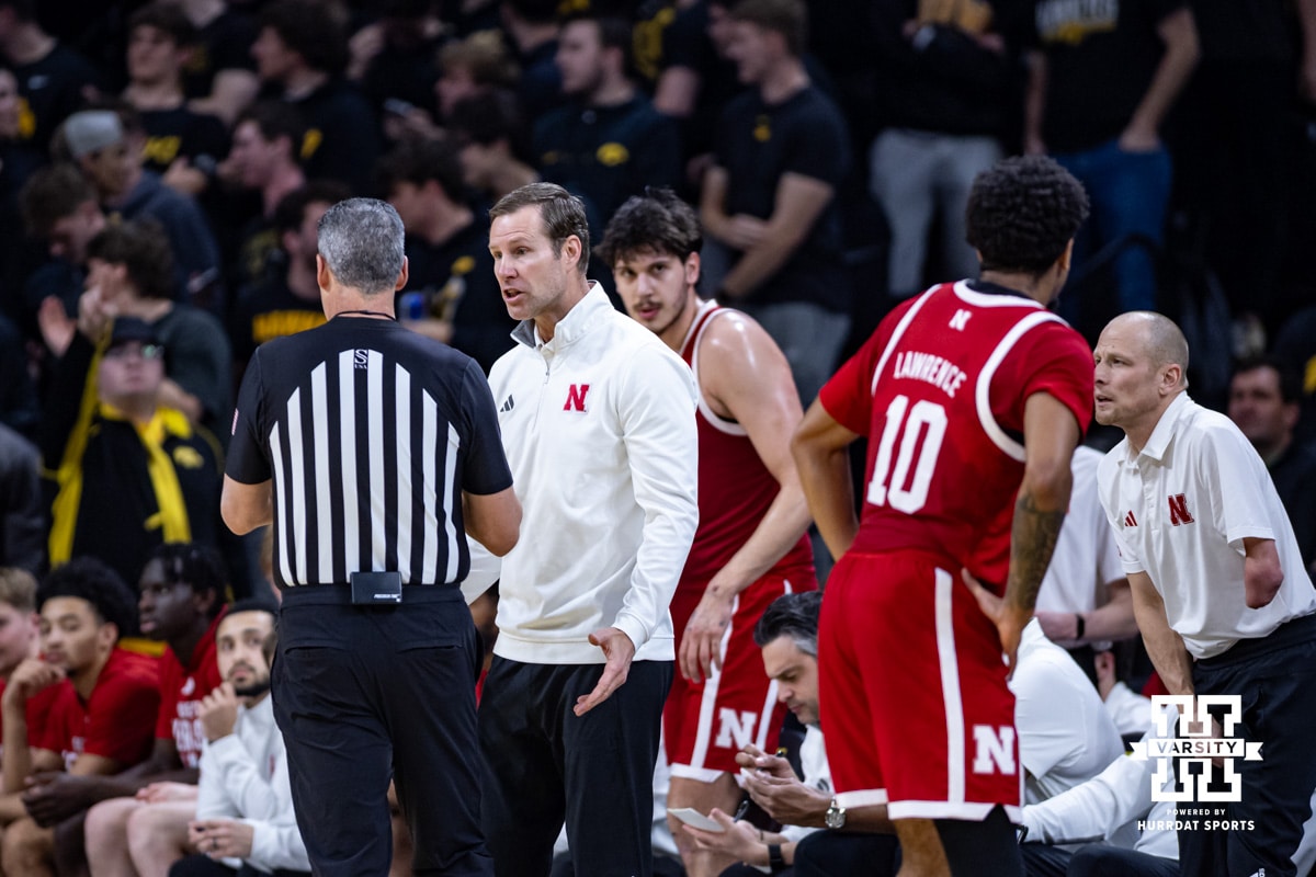 Nebraska Cornhusker head coach Fred Hoiberg talks to the referee during a college basketball game against the Iowa Hawkeyes on Tuesday, Feb. 17, 2026, in Iowa City, Iowa. Photo by John S. Peterson.