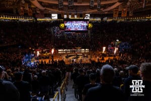 Starting lineups are announced between the Iowa Hawkeyes and the Nebraska Cornhuskers during a college basketball game on Tuesday, Feb. 17, 2026, in Iowa City, Iowa. Photo by John S. Peterson.
