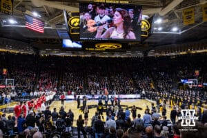 The National Anthem is perform before the game between the Iowa Hawkeyes and the Nebraska Cornhuskers during a college basketball game on Tuesday, Feb. 17, 2026, in Iowa City, Iowa. Photo by John S. Peterson.