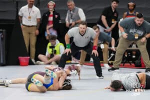 Nofolks Dacy Cleveland pins North Plattes Khole Haneborg during Nebraska Girls Wrestling on Feb 17, 2026, in Omaha, Nebraska. Photo by Brandon Tiedemann