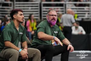 Schuyler coach Mark Wemhoff during Nebraska Girls Wrestling Quarterfinals on Feb 17, 2026, in Omaha, Nebraska. Photo by Brandon Tiedemann