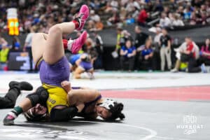 Bridgeports Cammie Rader gets pinned by Tekamah-Hermans LilyAnn Willings during Nebraska Girls Wrestling on Feb 17, 2026, in Omaha, Nebraska. Photo by Brandon Tiedemann