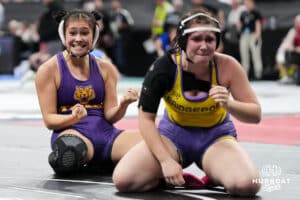 Tekamah-Hermans LilyAnn Willings celerbates during Nebraska Girls Wrestling on Feb 17, 2026, in Omaha, Nebraska. Photo by Brandon Tiedemann