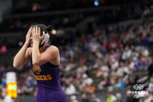 Tekamah-Hermans LilyAnn Willings cries during Nebraska Girls Wrestling on Feb 17, 2026, in Omaha, Nebraska. Photo by Brandon Tiedemann